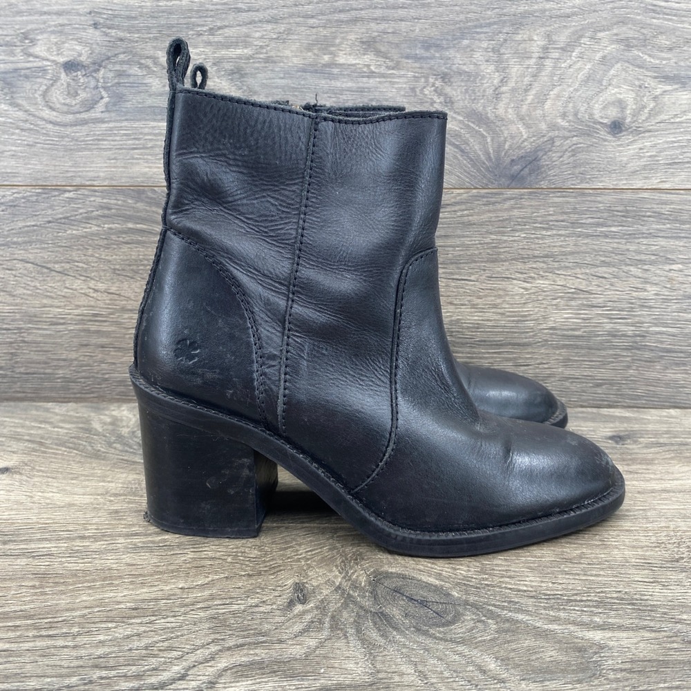 Lucky Brand Basel Ankle Boots Women 6.5 Black Leather Side Zip Block Heel Bootie